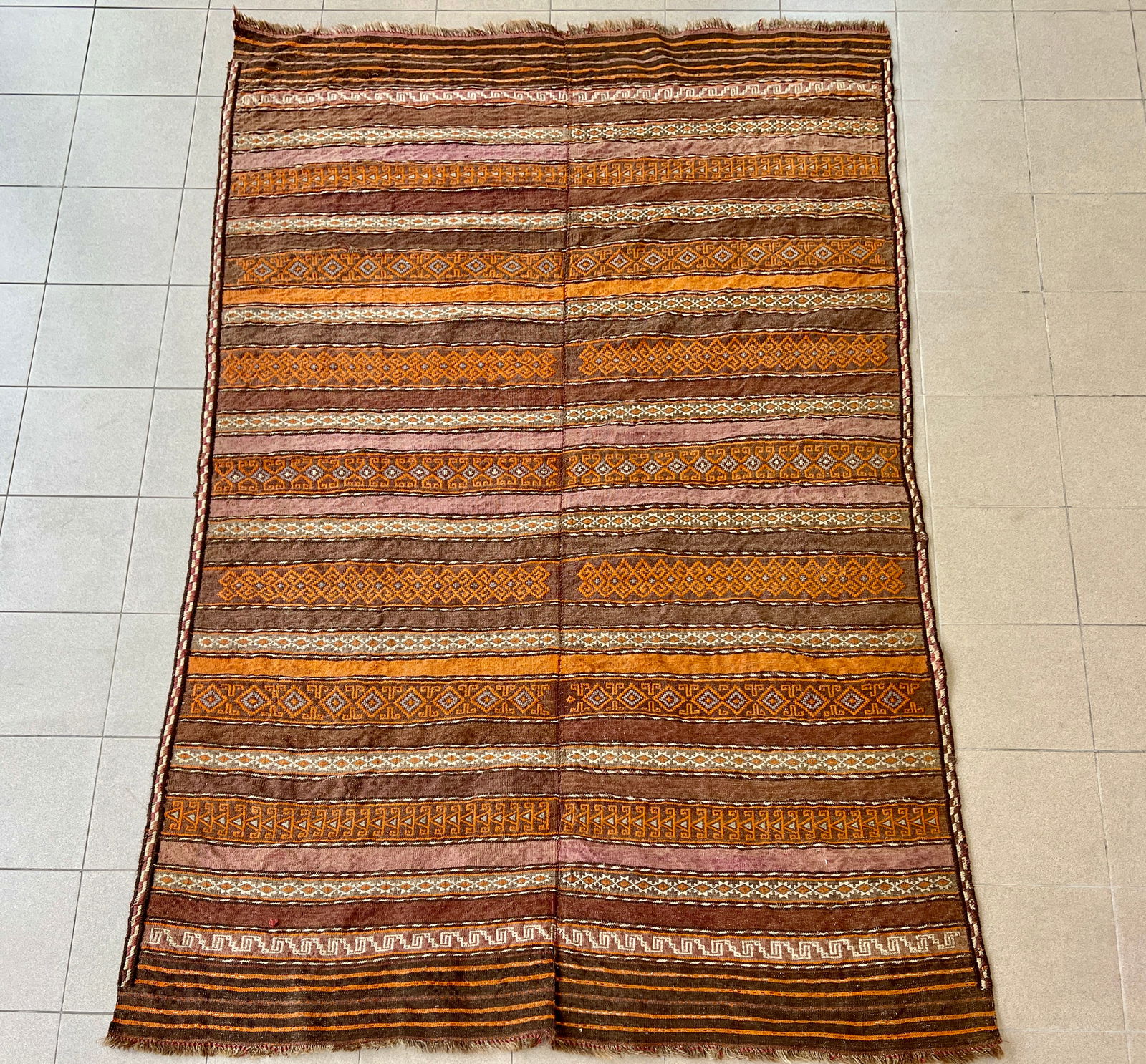 ANTIQUE CENTRAL ASIAN KILIM RUNNER RUG: Dimensions: H 8'11" x W 5'9". Antique hand knotted Central Asian kilim runner rug with striped pattern.