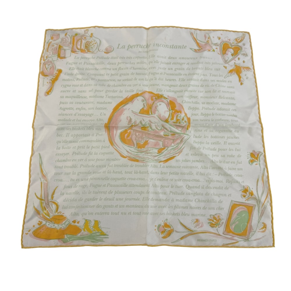 HÈRMES LA PERRUCHE INCONSTANTE SILK SCARF: Dimensions: H 16” x W 16”. Vintage Hèrmes “La Perruche Inconstante” – Special Edition silk scarf, designed by Esther Henwood, 1996.