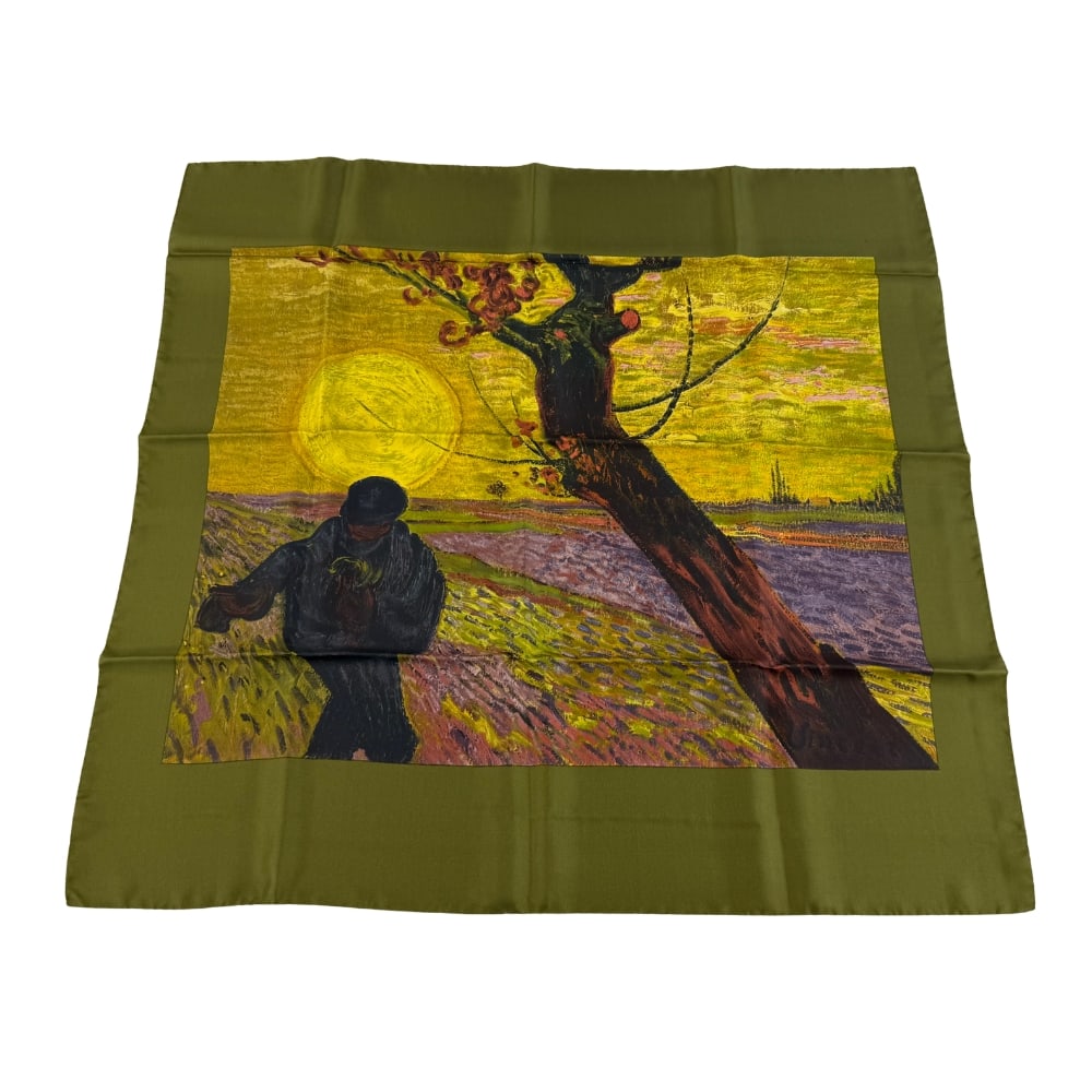 VINCENT VAN GOGH SILK SCARF: Dimensions: H 30.5” x W 32”. Vintage silk scarf with Vincent van Gogh’s painting “The sower”, with box.