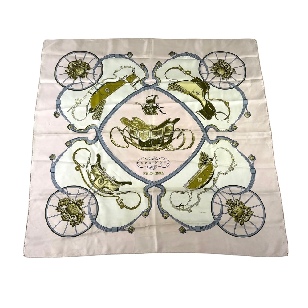 HÈRMES SPRING SILK SCARF: Dimensions: H 34” x W 34.3”. Vintage Hèrmes “ “Springs” silk scarf, designed by Philippe Ledoux in 1974.
