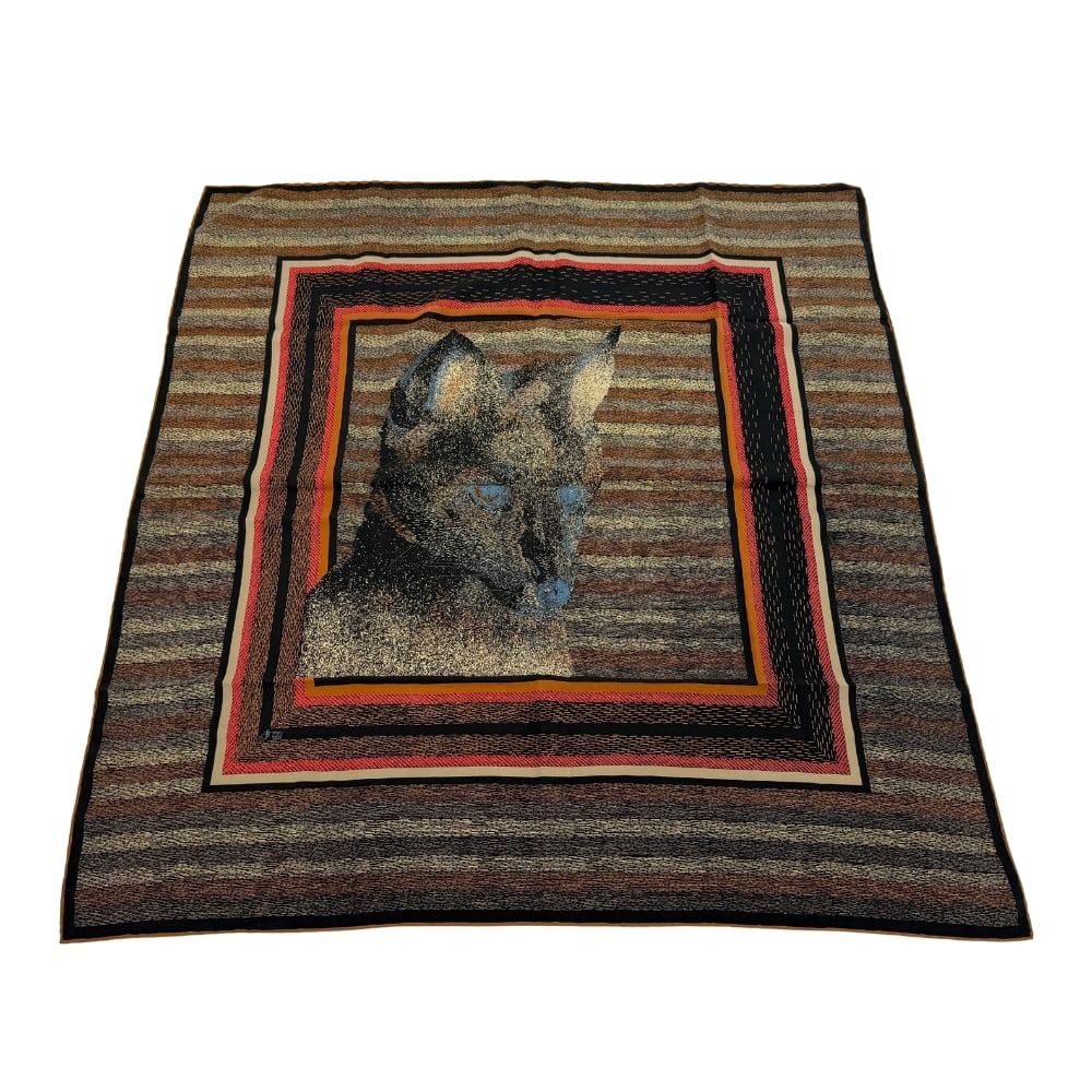 VINTAGE DESIGNER SCARF: Dimensions: H 30.5” x W 30.5”. Vintage designer scarf with artistic depiction of a fox.