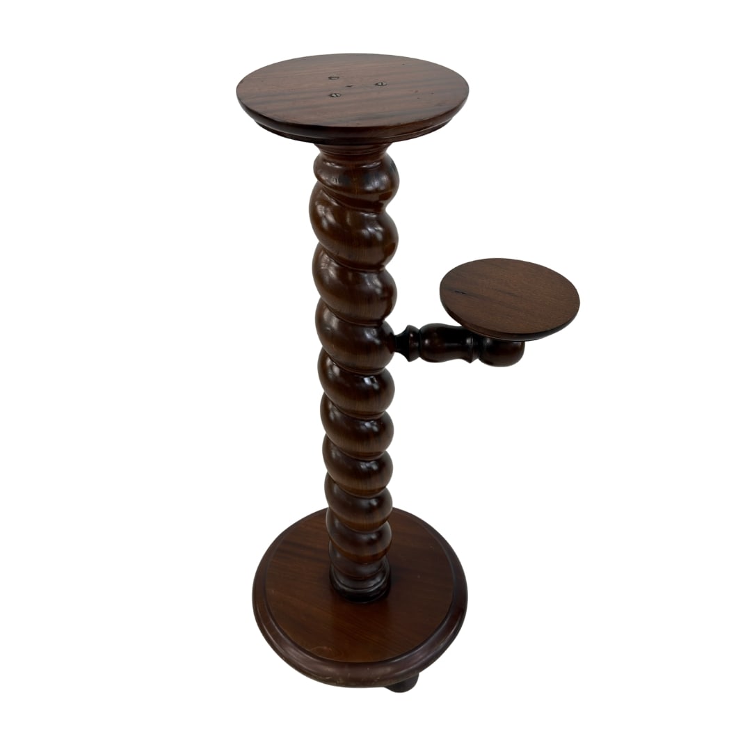 VINTAGE BARLEY TWIST PLANT STAND: Dimensions: H 37.3” x W 15”. Vintage hand-carved wooden barley twist walnut pedestal plant stand.