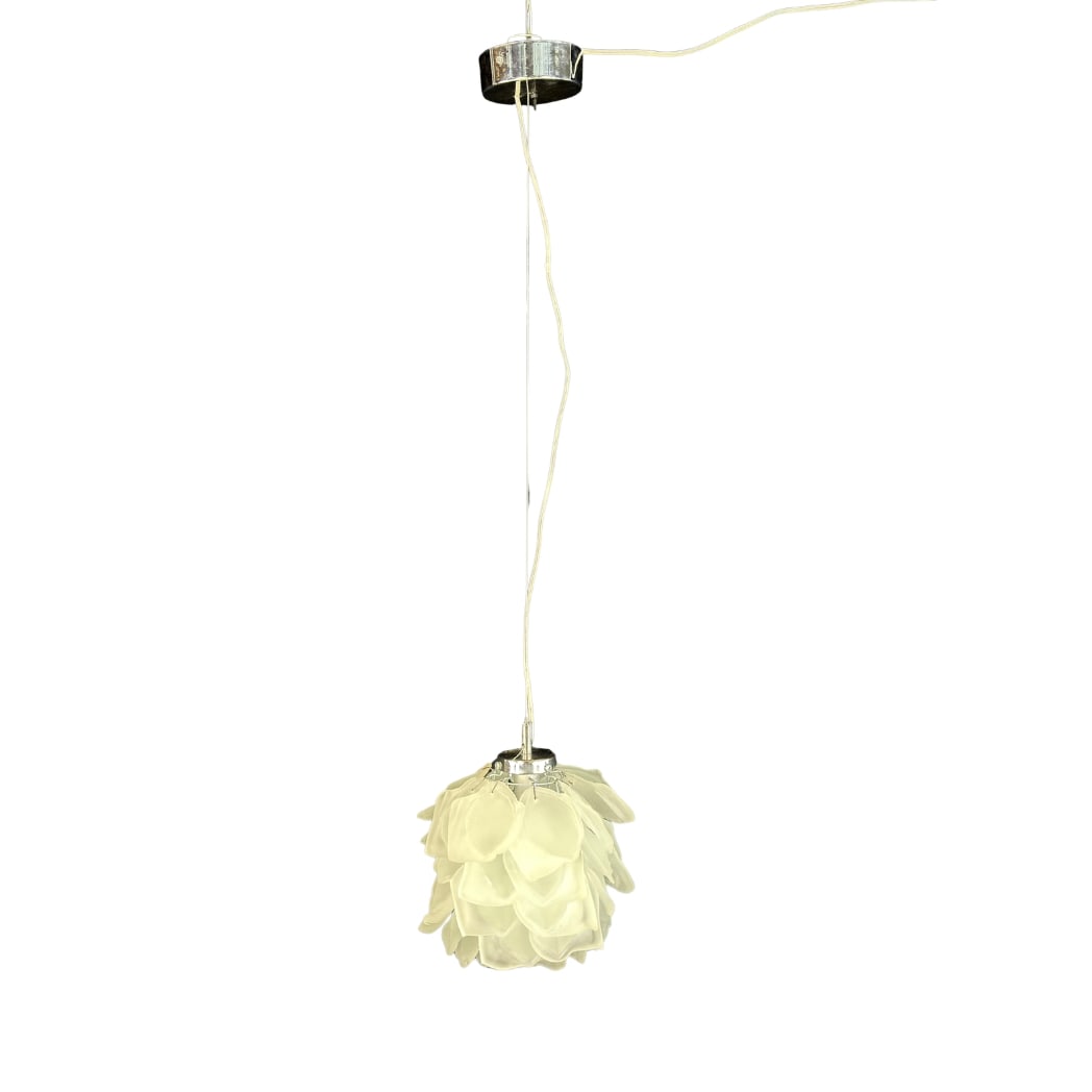 BELGIAN DESIGNER PENDANT CHANDELIER: Dimensions: H 11” x W 8.5”. Contemporary Belgian flower pendant chandelier with matte glass petals.