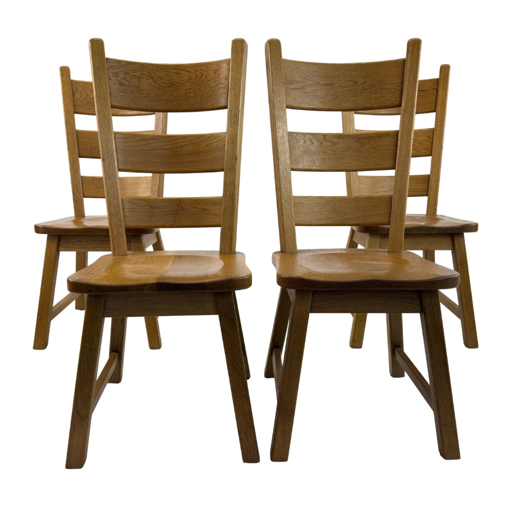 (4) RUSTIC DINING CHAIRS: Dimensions: H 42.3” x W 17.3” x SD 18” x SH 18.5”. Vintage set of 4 Rustic solid oak ladder back dining chairs.
