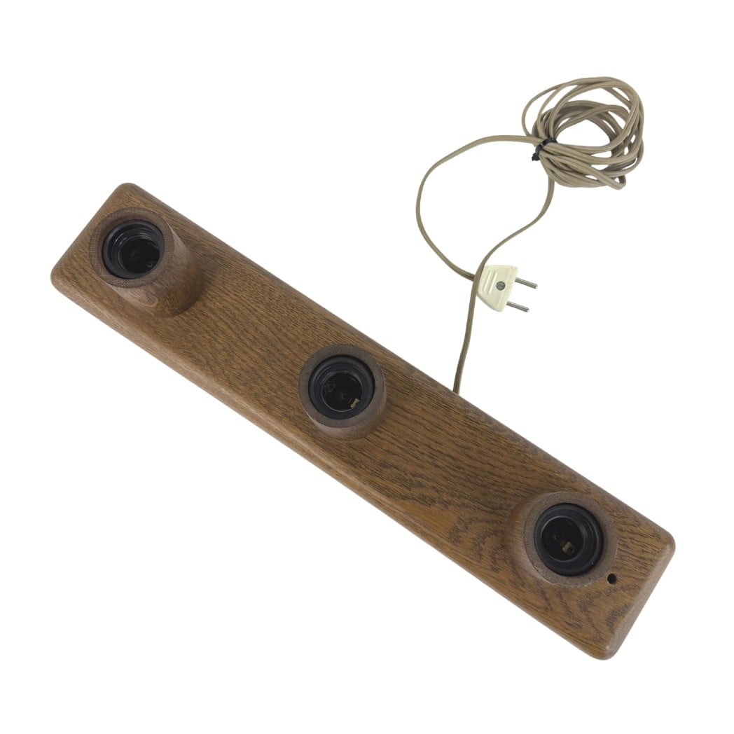 CEILING LIGHT BY TEMDE LEUCHTEN, 1960s: Dimensions: W 19” x D 3.7”. Vintage Swiss ceiling light by Temde Leuchten with oak base and 3 lights.