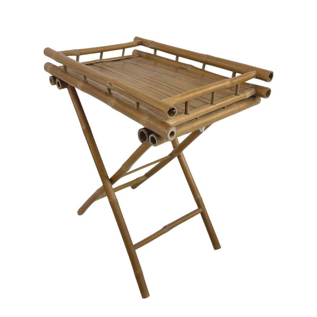 BAMBOO BUTLERS TRAY, 1960s: Dimensions: H 26” x W 23” x D 16”. Vintage bamboo folding butler’s tray table with removable serving tray.