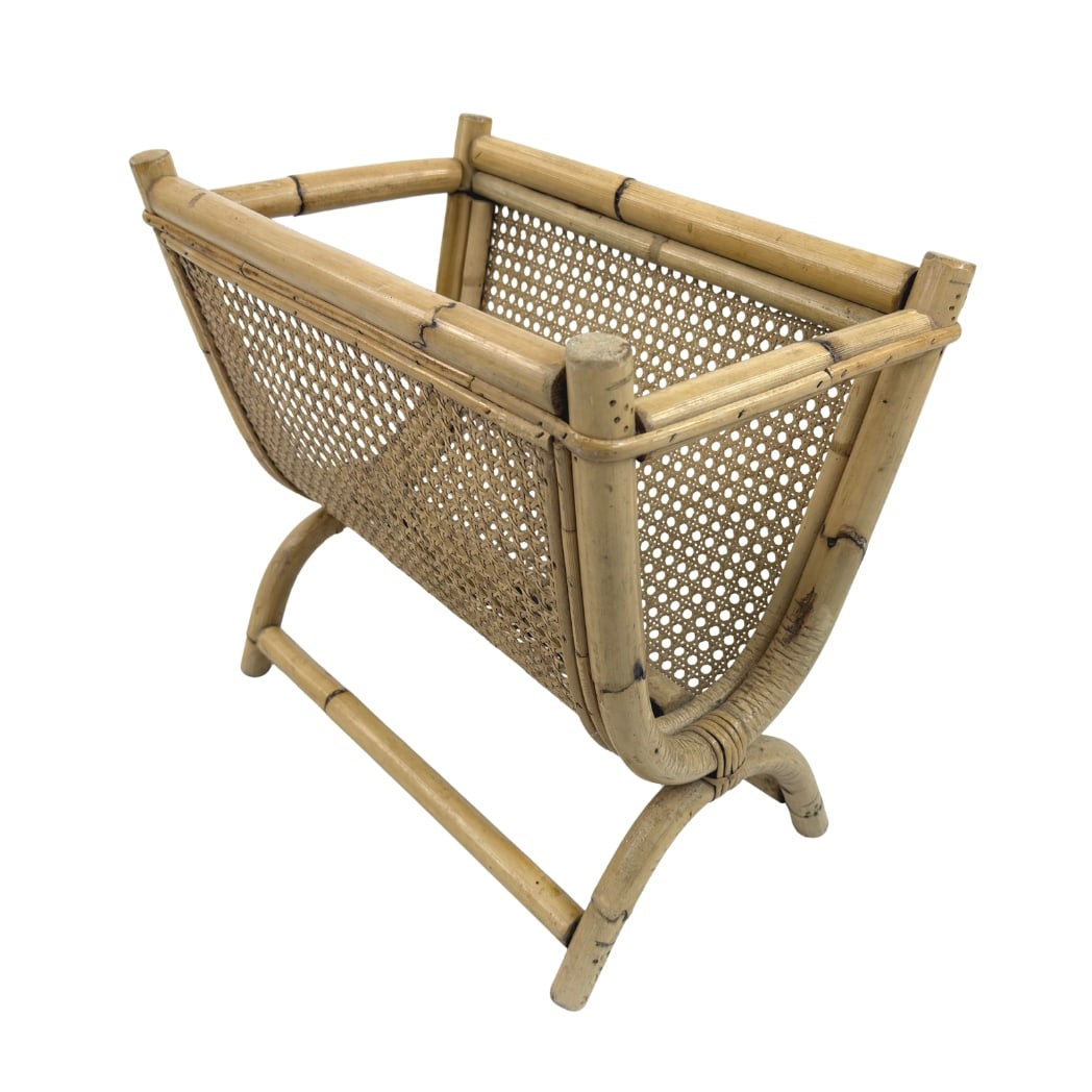 VINTAGE BAMBOO AND RATTAN MAGAZINE RACK: Dimensions: H 17” x W 18” x D 11.5”. Vintage Italian bamboo and rattan magazine rack.