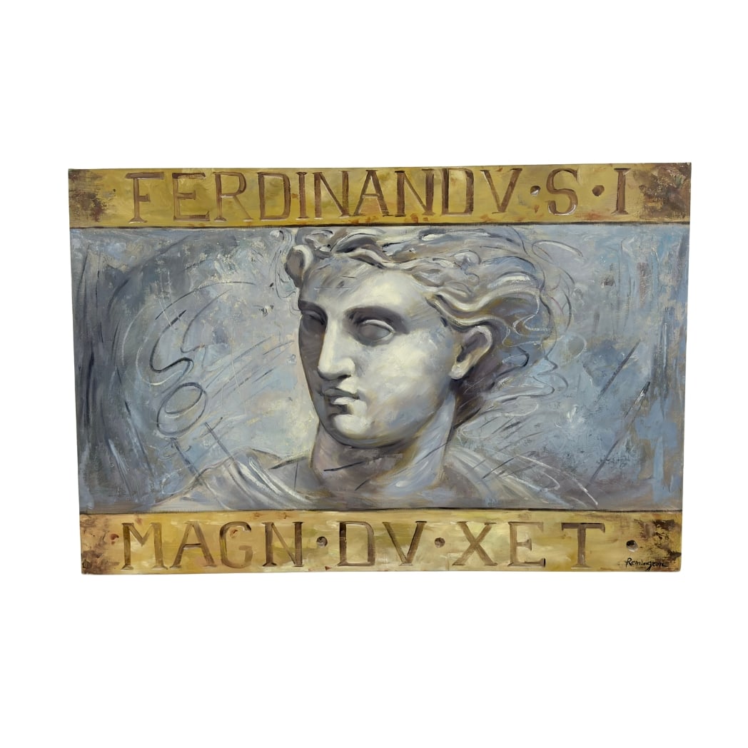 FERDINAND VSI OIL ON CANVAS, REPRODUCTION: Dimensions: H 24” x W 36”. Oil on canvas painting “Ferdinand VSI” by Richard Franklin. Signed Remington. Unframed.