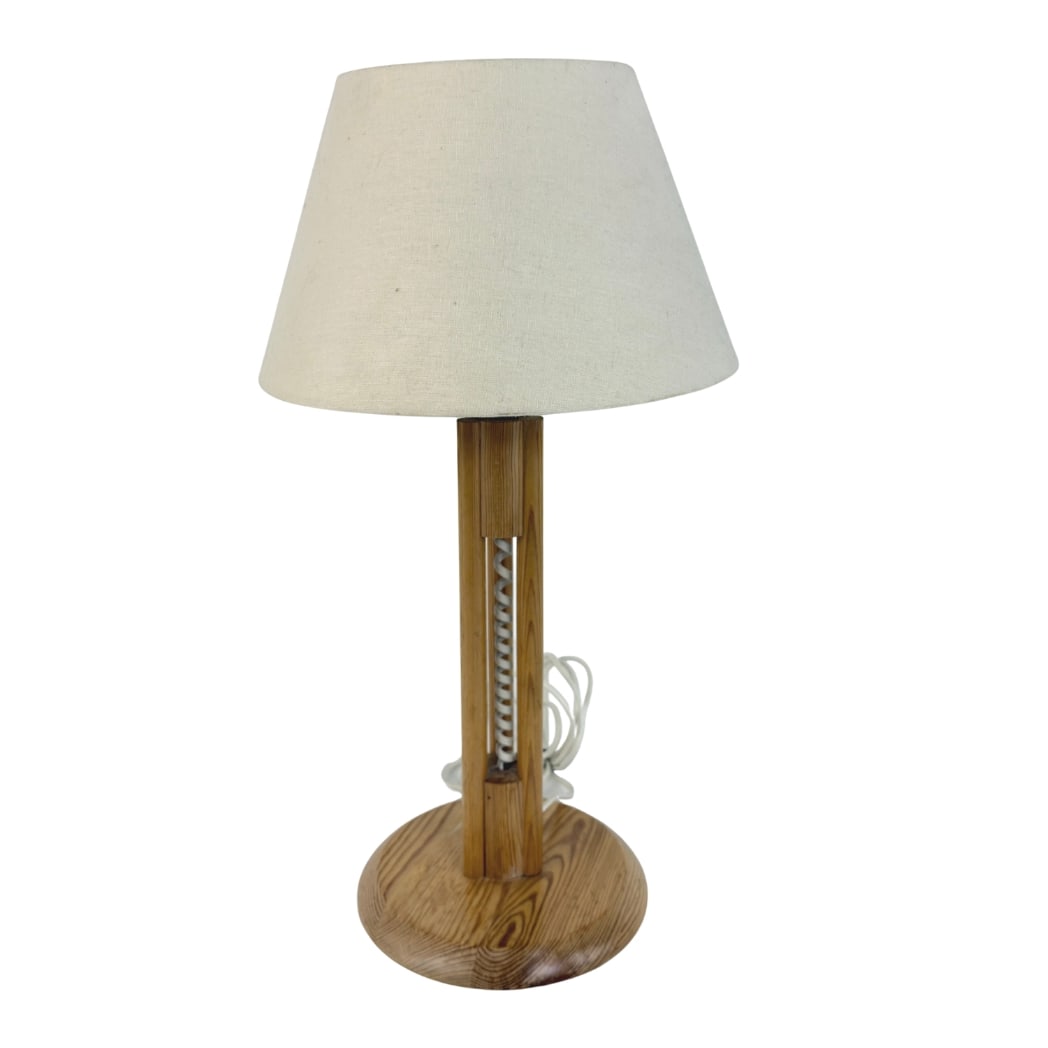 SCANDINAVIAN TABLE LAMP: Dimensions: H 21.3” x W 8”. Vintage Scandinavian table lamp with pine base and off-white fabric lampshade.