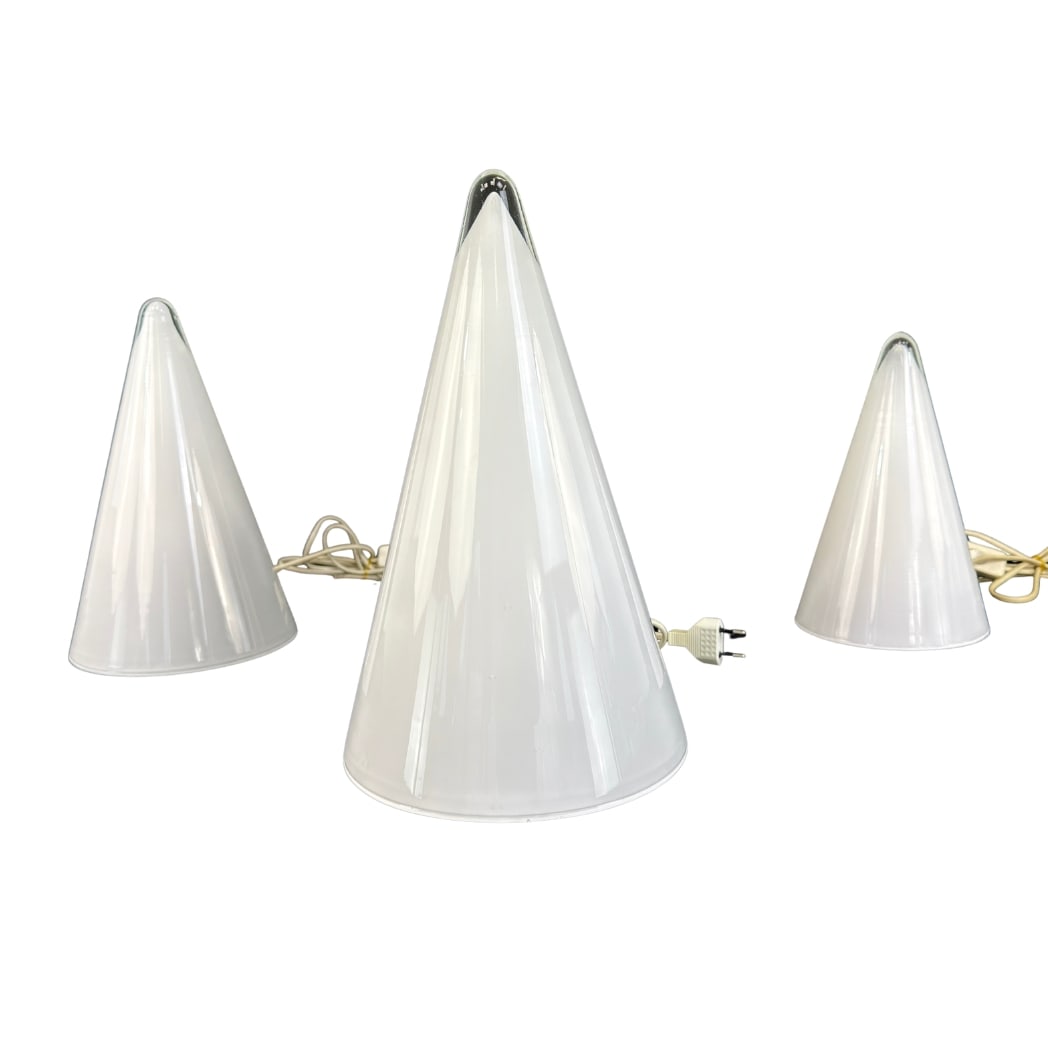 (3) TEEPEE TABLE LAMPS FOR SCE: Dimensions: H 14.3” x W 8.5”. Set of 3 Vintage French Teepee conical glass table lamps for Sce, designed in the 1990s. Dimensions: H 12.5” x W 7.5”/ H 9” x W 6.3”.