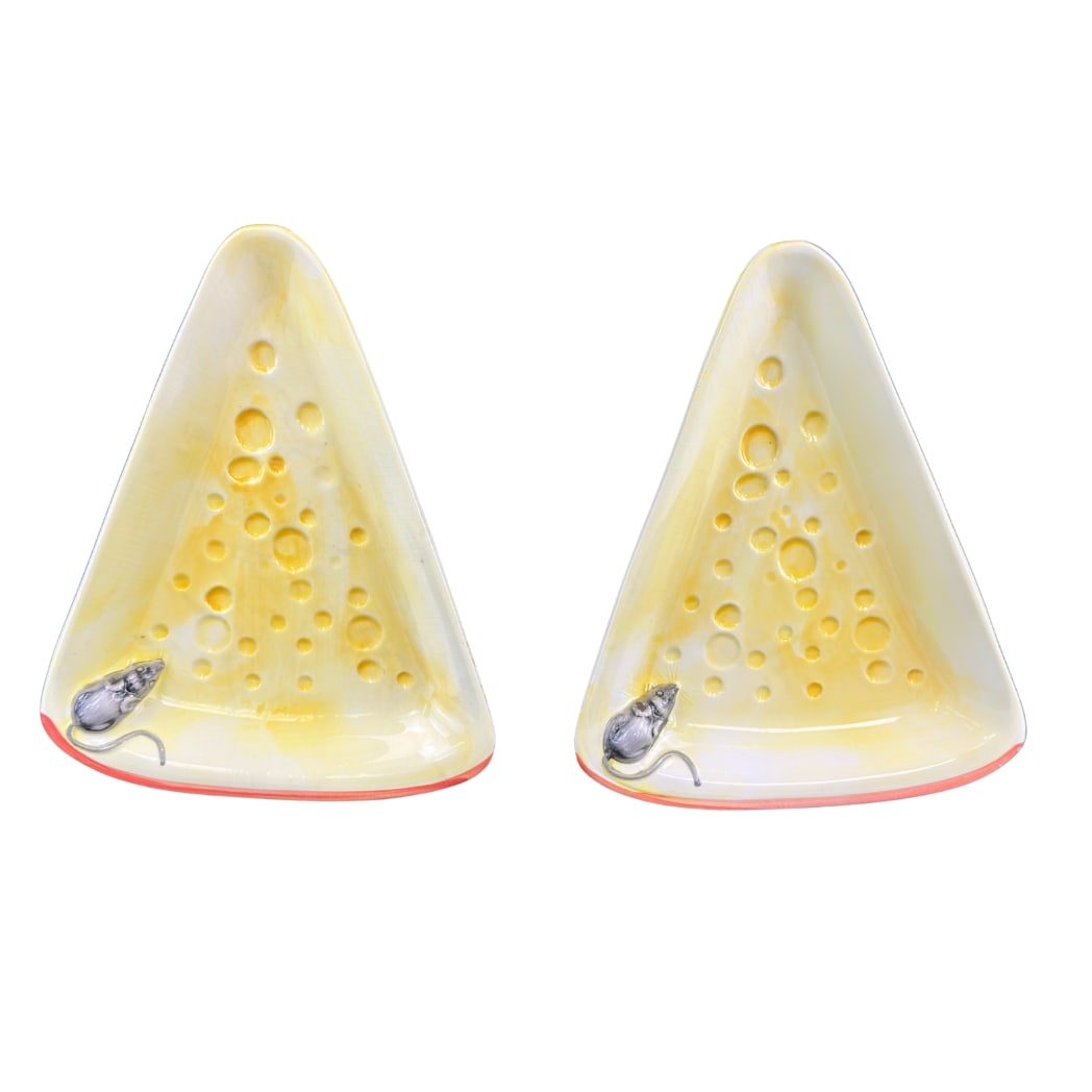 BASSANO MAJOLICA CHEESE PLATES, A PAIR: Dimensions: W 10.3” x D 8.5”. Pair of Vintage Italian Majolica hand painted Bassano Grappa cheese plates. Marked.