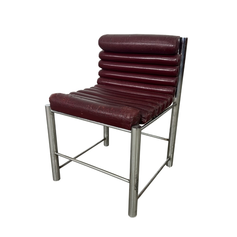 ITALIAN CHAIR BY JOE CESARE: Dimensions: H 30” x W 21” x SD 16.5” x SH 19”. Rare Vintage Italian chair in burgundy faux leather and chrome-plated frame designed by Joe Cesare Colombo.
