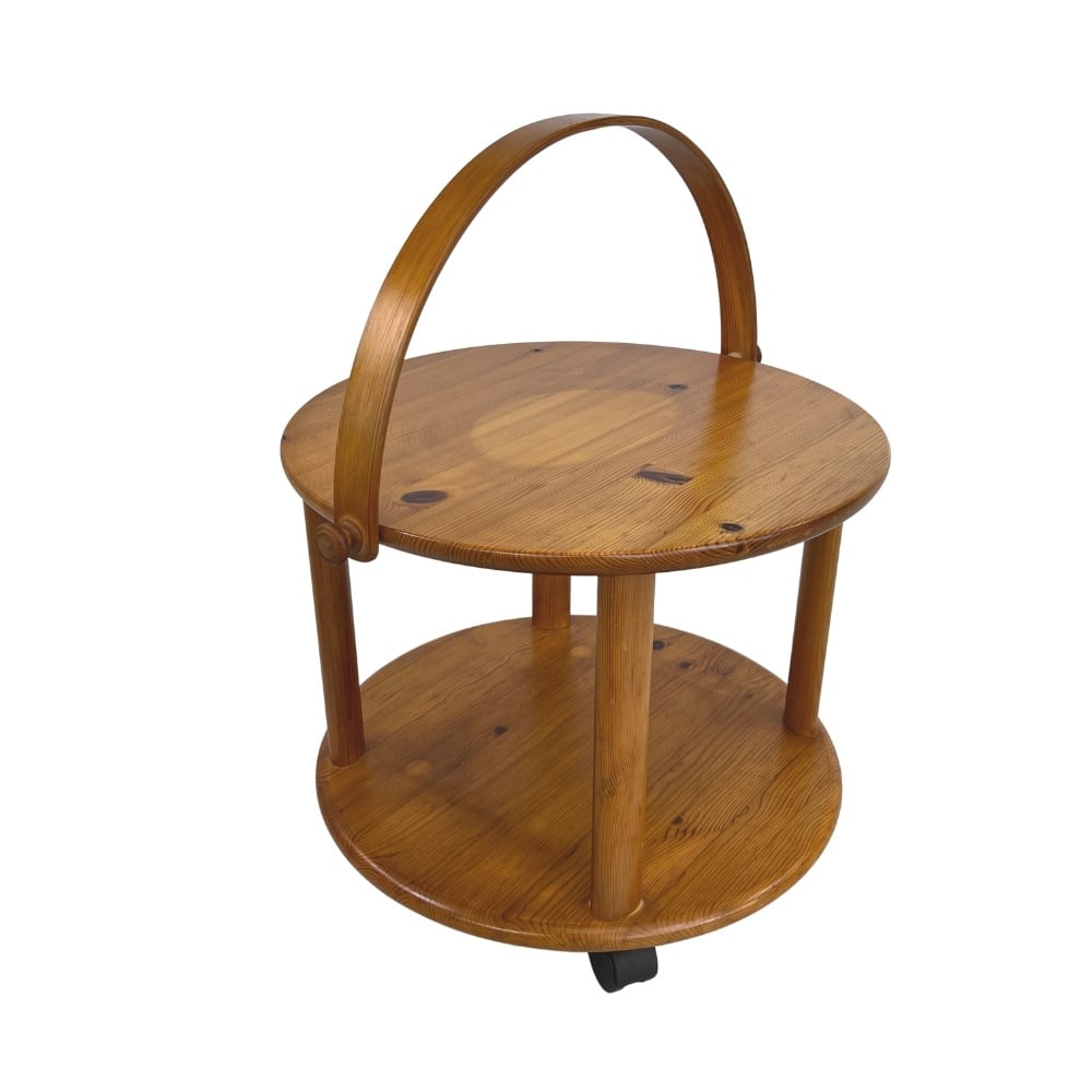 SCANDINAVIAN PINE ROLLABLE SERVING TROLLEY: Dimensions: H 16.5” x W 19.5”. Scandinavian pine rollable serving trolley.