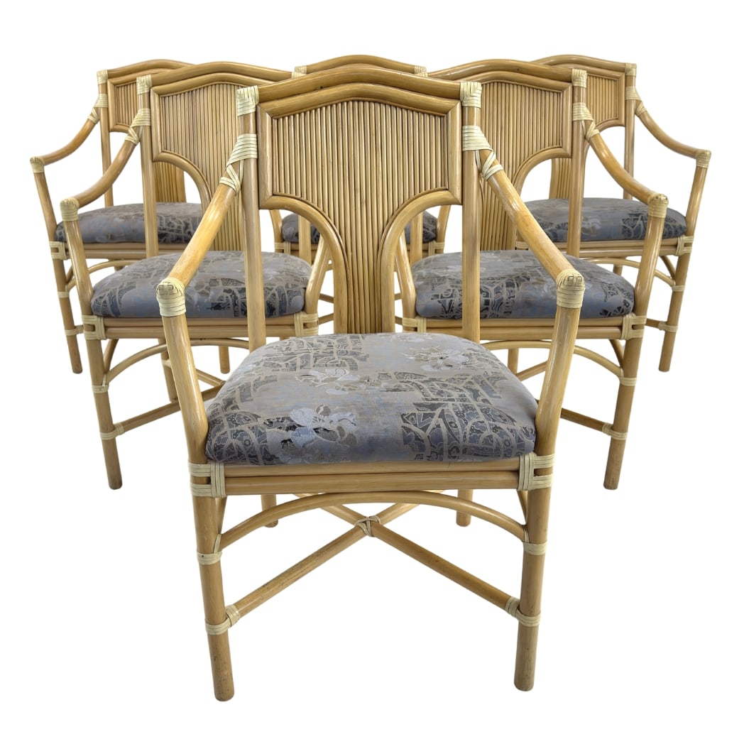 (6) ITALIAN BAMBOO AND RATTAN ARMCHAIRS: Dimensions: H 37” x W 24” x D 23” x SH 21”. Set of 6 Vintage Italian bamboo and rattan armchairs with original upholstered seats.