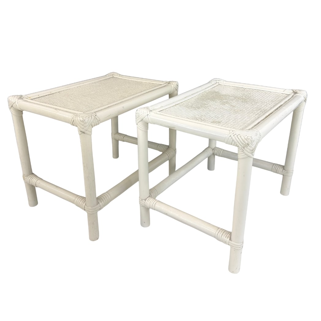 VINTAGE FAUX BAMBOO SIDE TABLES, A PAIR: Dimensions: H 15.7” x W 19” x D 13.3”. Pair of Vintage white painted faux bamboo and cane side tables.