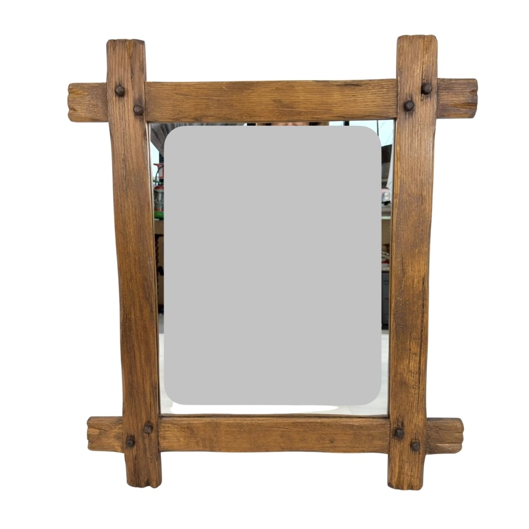 BRUTALIST OAK MIRROR: Dimensions: H 28.7” x W 24.5”. Vintage Brutalist carved oak wall mirror.