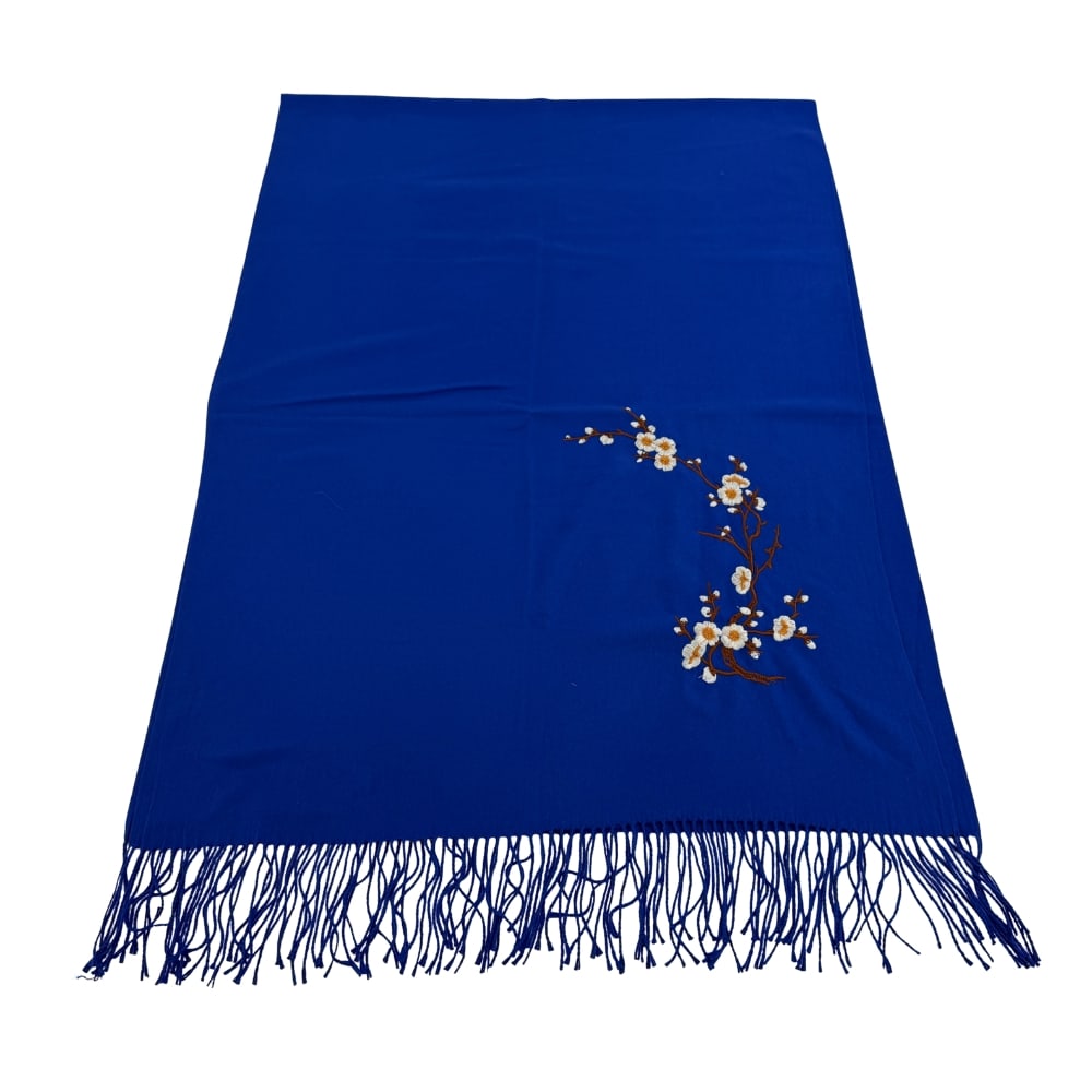 VINTAGE CASHMERE SCARF: Dimensions: H 72” x W 24.7”. Vintage blue cashmere scarf with embroidered flowers.