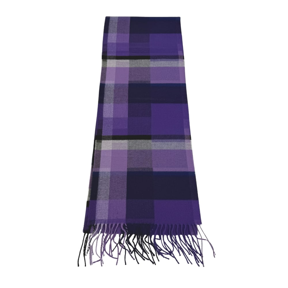 NAVYBOOT SCARF: Dimensions: H 65” x W 11.5”. Vintage Navyboot scarf with geometric design in blue, purple, black and grey colors.