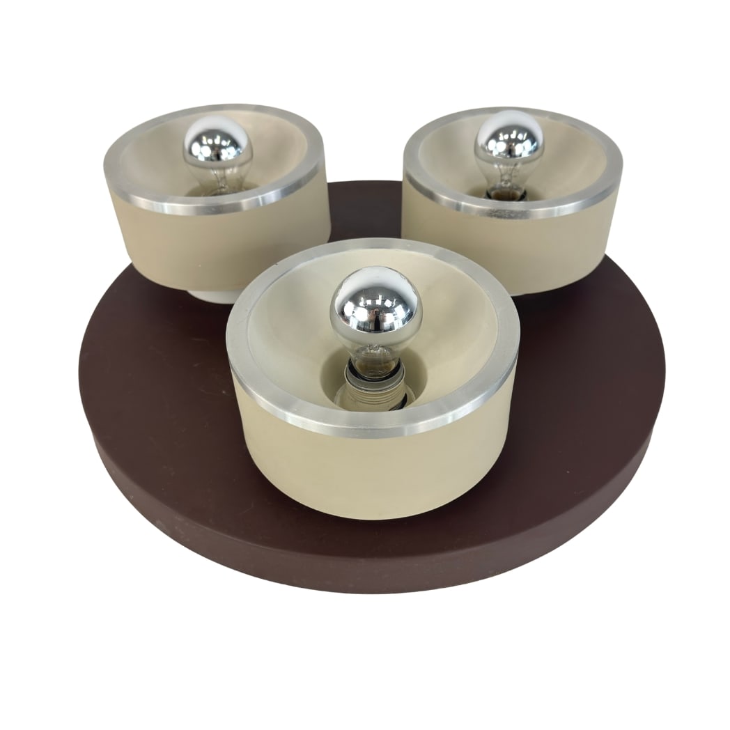 VINTAGE SPACE AGE CEILING LAMP: Dimensions: H 6.5” x W 20.3”. Vintage Space Age 3-light ceiling lamp by Phillips.