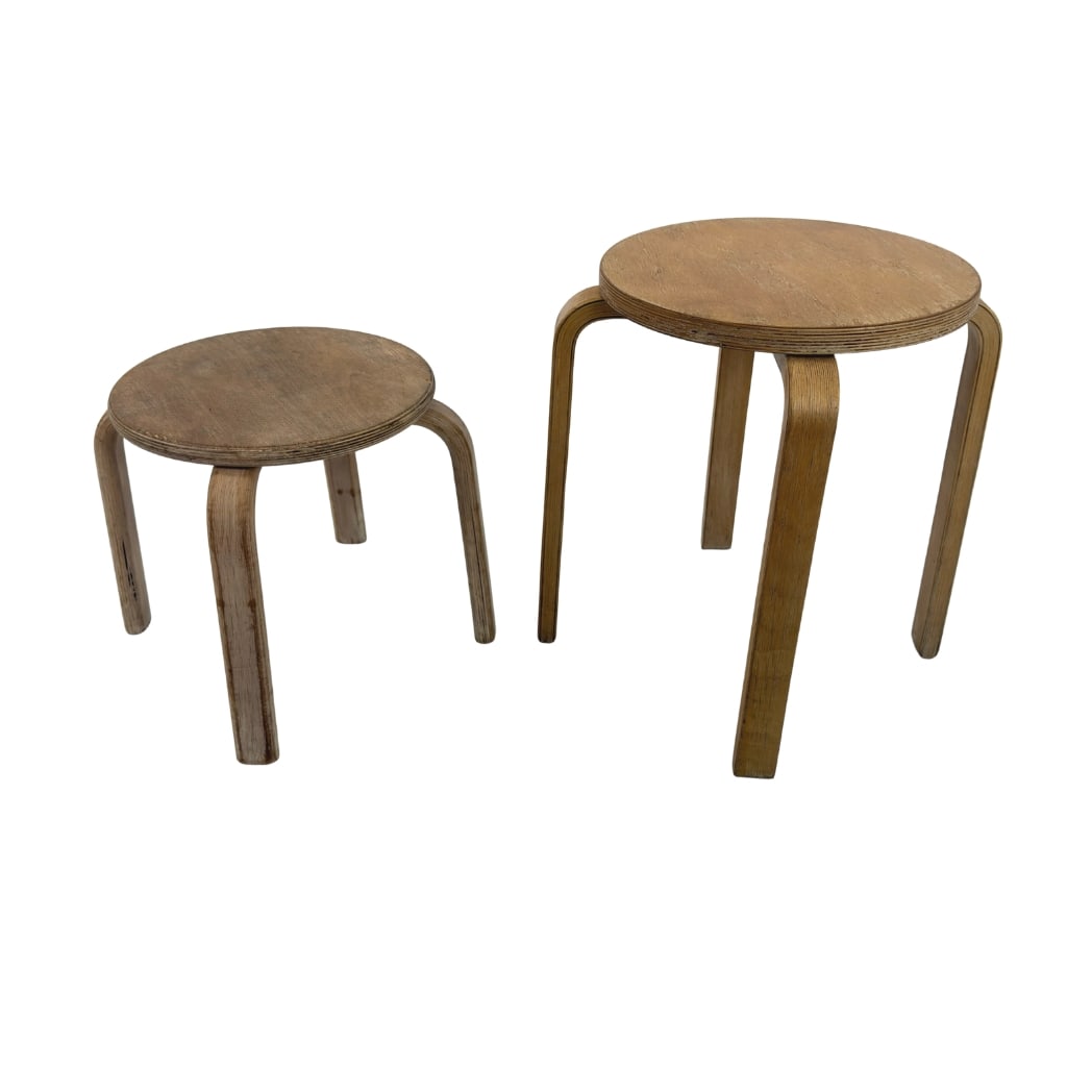 STACKING STOOLS ATTR. TO ALVAR AALTO, A PAIR: Dimensions: H 18” x W 13.7”. Pair of Vintage stacking stools attr. to Alvar Aalto from the 1960s. Dimensions (second stool) H 12.7” x W 13”.