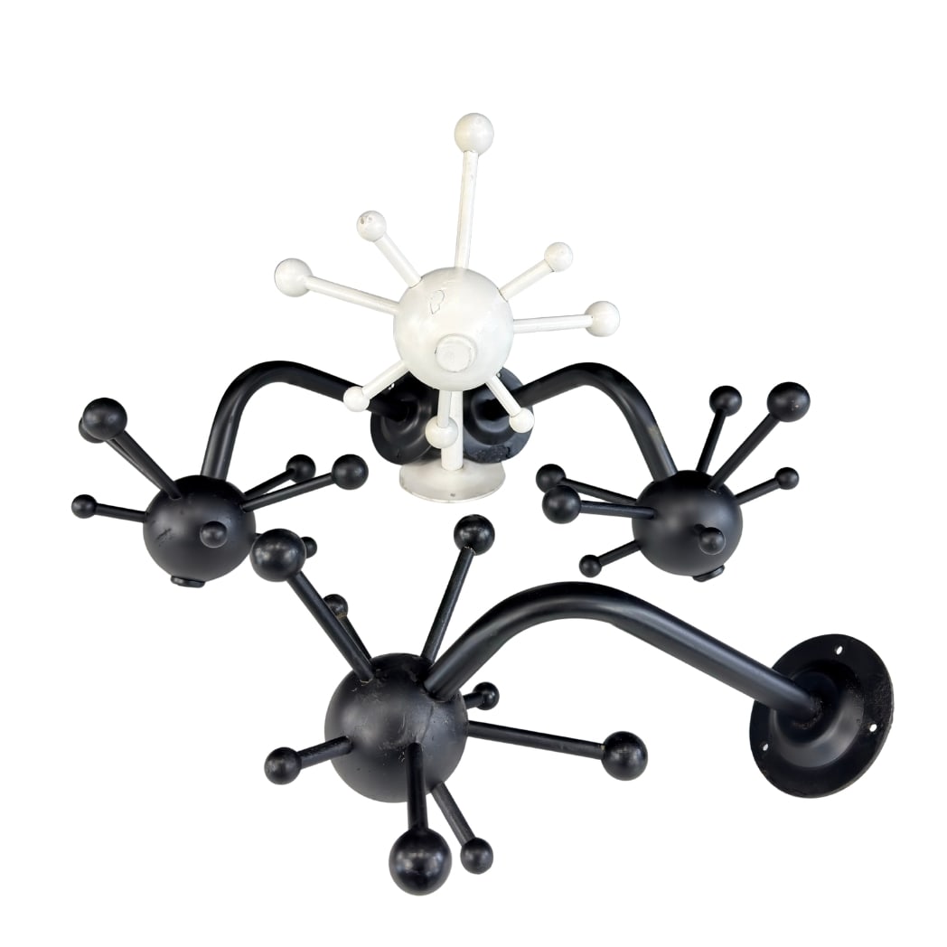 (4) SPUTNIK COAR RACKS, VINTAGE IKEA: Dimensions: H 14.5” x W 9.5”. Set of 3 black and 1 white Vintage “Mina” Sputnik coat racks, designed by Osvaldo Borsani for Ikea, 1990s.