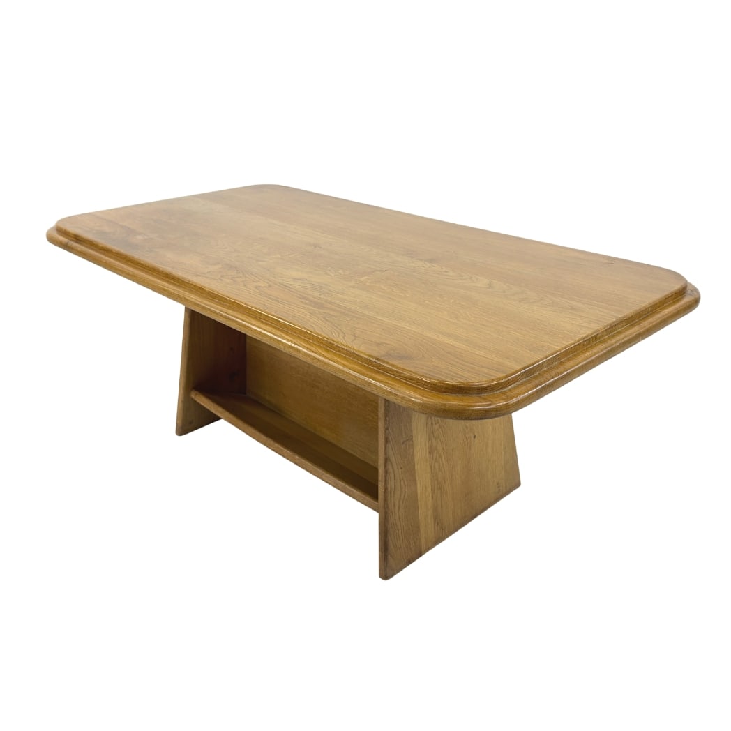 DANISH COFFEE TABLE MANNER OF GANGSO MOBLER: Dimensions: H 20.3” x W 51” x D 27.3”. Vintage Danish rectangular coffee table manner of Gangso Mobler with two small shelves on both size.