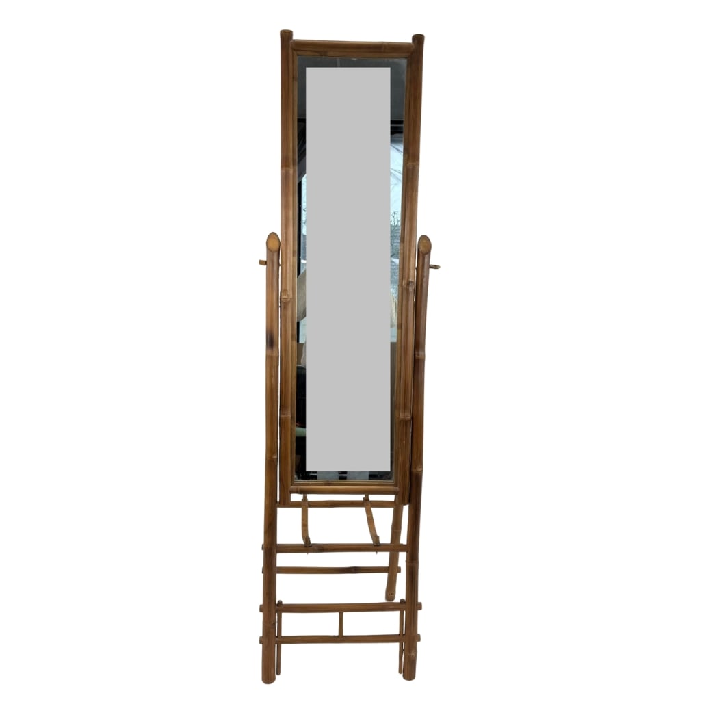 VINTAGE BAMBOO CHEVAL MIRROR: Dimensions: H 69.5” x W 11.3”. Vintage large cheval mirror with bamboo frame.