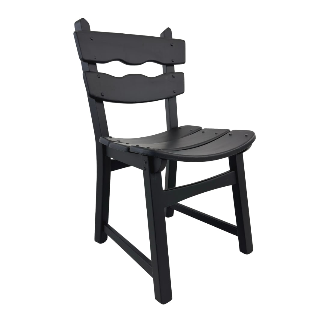DITTMANN & CO BRUTALIST CHAIR: Dimensions: H 34.5” x W 19” x SD 16.3” x SH 18”. Vintage brutalist black painted oak dining chair designed by Dittmann & Co for AWA Radbound, made in Netherlands in the 1960s.