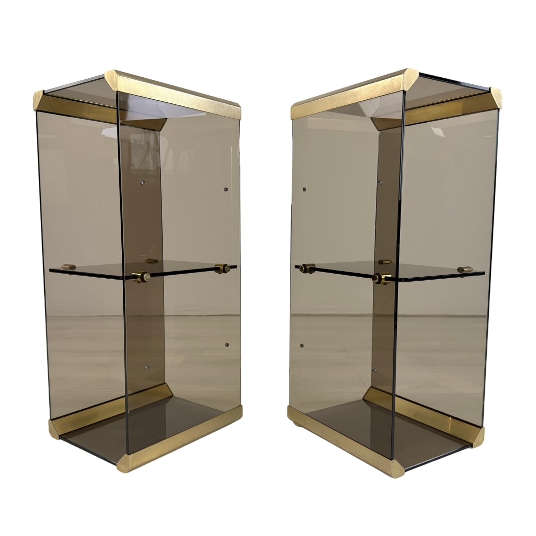 GALLOTTI & RADICE ETAGERES, A PAIR: Dimensions: H 30.3” x W 13” x D 11”. Pair of Vintage Italian étagères designed by Gallotti & Radice, constructed from smoked glass and metal.