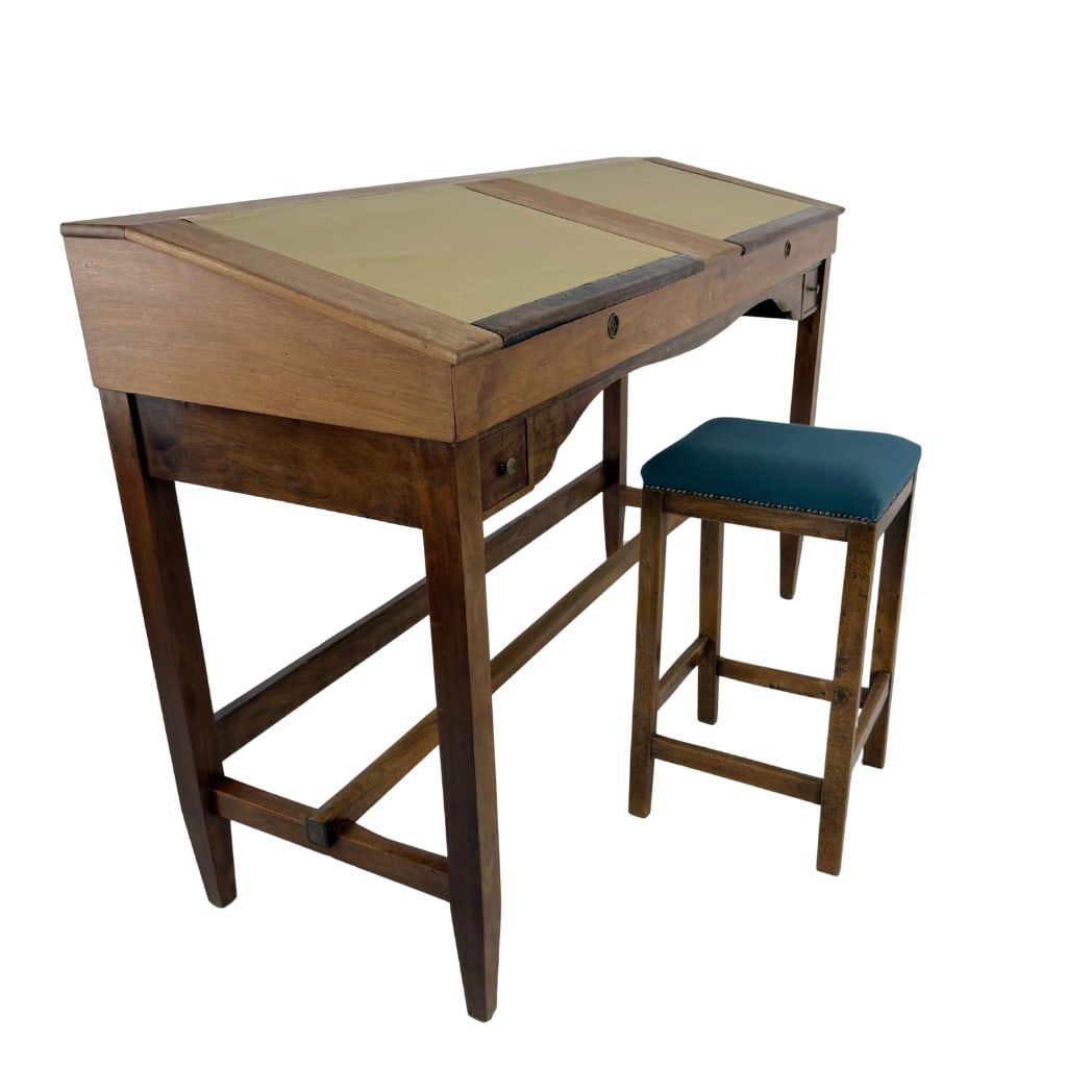 ANTIQUE ARCHITECT DESK WITH STOOL: Dimensions: H 44” x W 71.5” x D 26”. Rare Antique hand carved architect double writing desk with hinged top compartments, features stool in original blue fabric. Dimensions (stool)