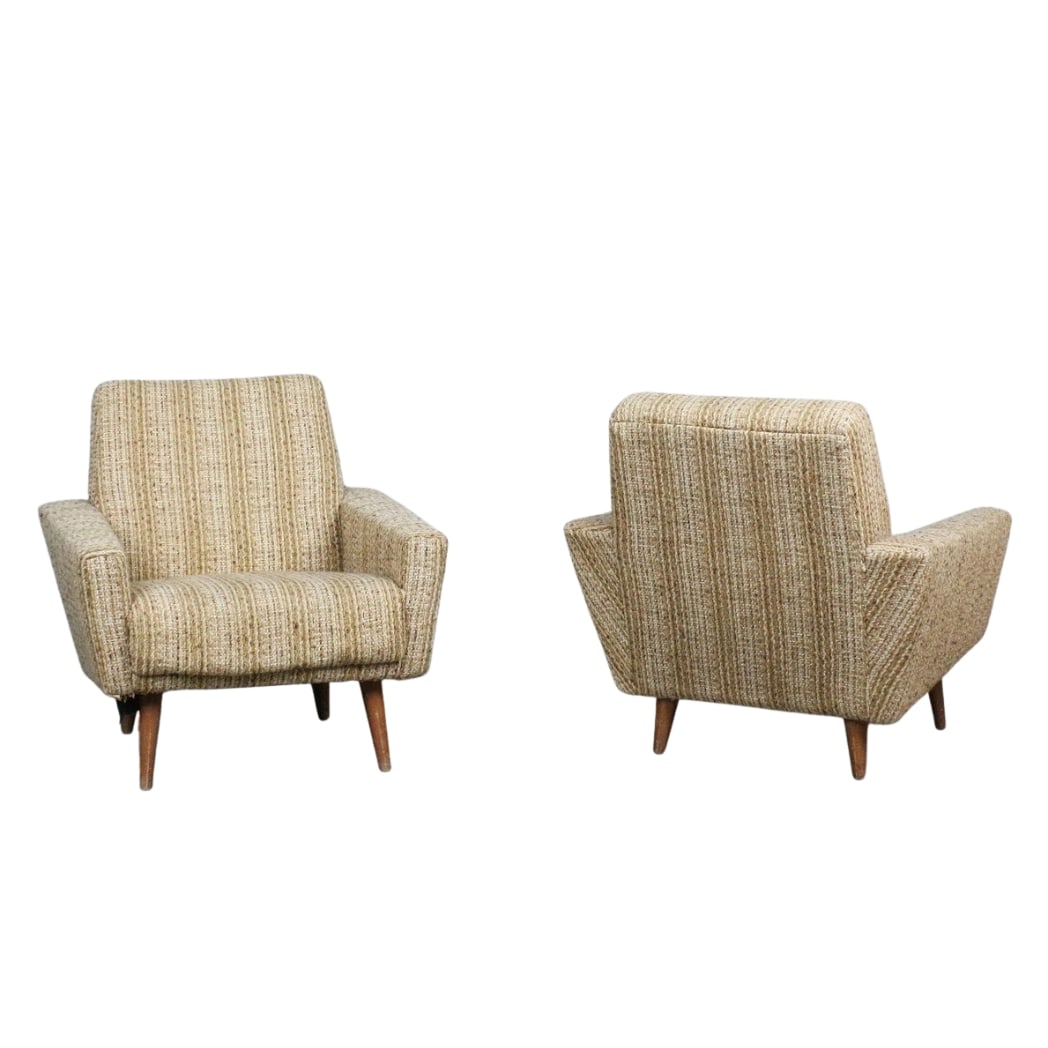 DANISH LOUNGE CHAIRS, A PAIR: Dimensions: H 30.7” x W 34.6” x D 31.4” x SH 15.7”. Pair of Vintage Danish lounge chairs from the 1960s, upholstered in original beige fabric.