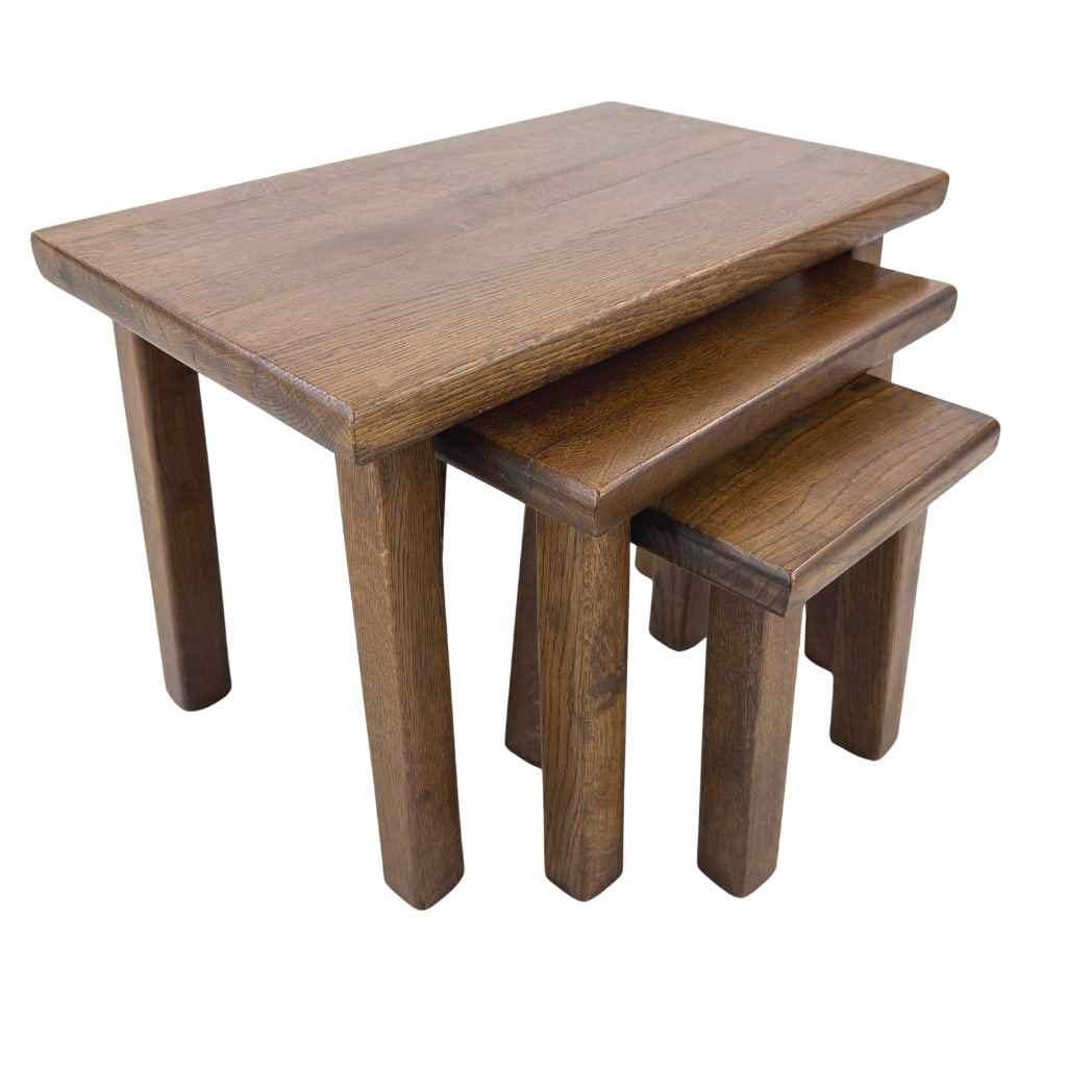 (3) BRUTALIST NESTING TABLES: Dimensions: H 15” x W 21” x D 13.3”. Set of 3 Dutch Brutalist oak nesting tables. Dimensions: H 13” x W 14.5” x D 13.3”/ H 11.5” x W 9.5” x D 13.3&rdquo