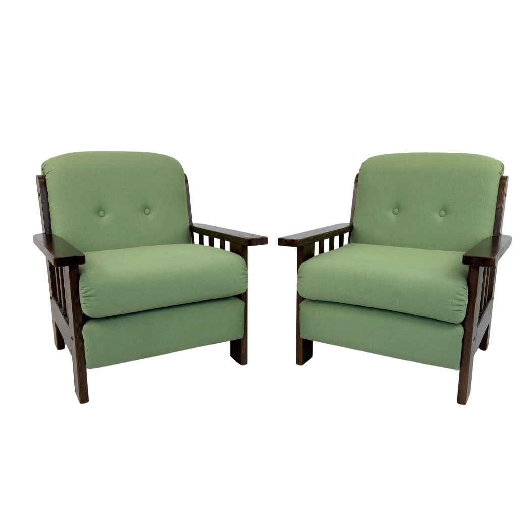 DANISH LOUNGE CHAIRS, A PAIR: Dimensions: H 34” x W 30” x D 34” x SH 19.5”. Pair of Vintage Danish Mission style lounge chairs, upholstered in original green fabric with dark wood frame.