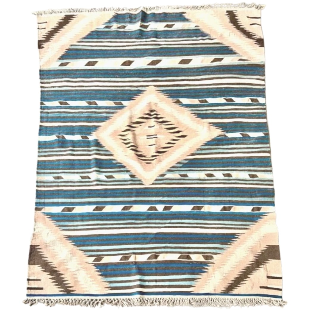 BLUE TURKISH KILIM RUG: Dimensions: H 9' x W 5'10". Blue and white oriental kilim rug.