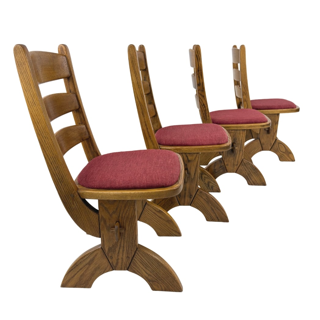 (4) DUTCH BRUTALIST DINING CHAIRS: Dimensions: H 38” x W 17.5” x D 21.5” x SH 20”. Set of 4 Vintage Dutch Brutalist oak ladder back dining chairs with red fabric seats.