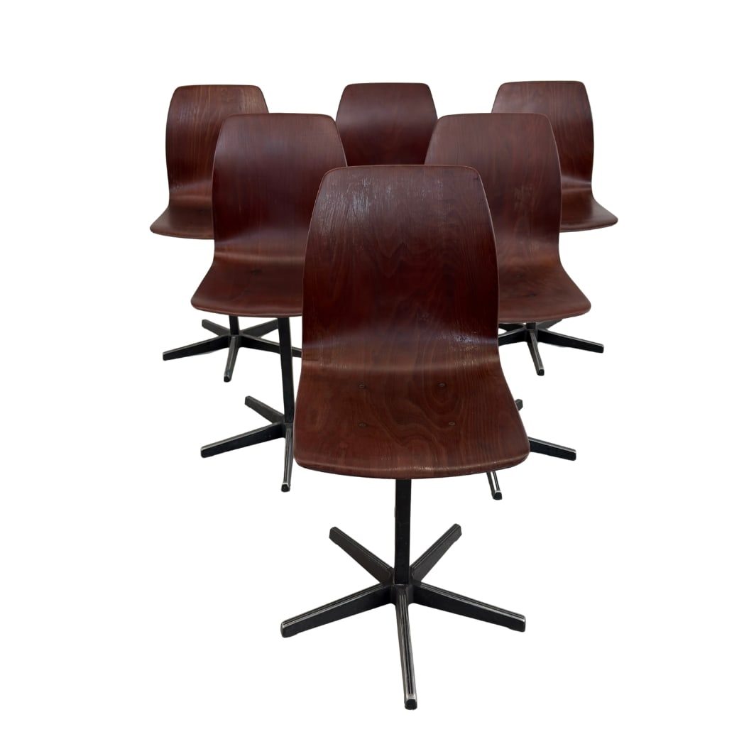 (6) DINING CHAIRS BY ELMAR FLOTOTTO, 1970s: Dimensions: H 31” x W 14” x SD 13.3” x SH 18”. Set of 6 Vintage Industrial style dining chairs, designed by Elmar Flototto for Pagholz Flototto.