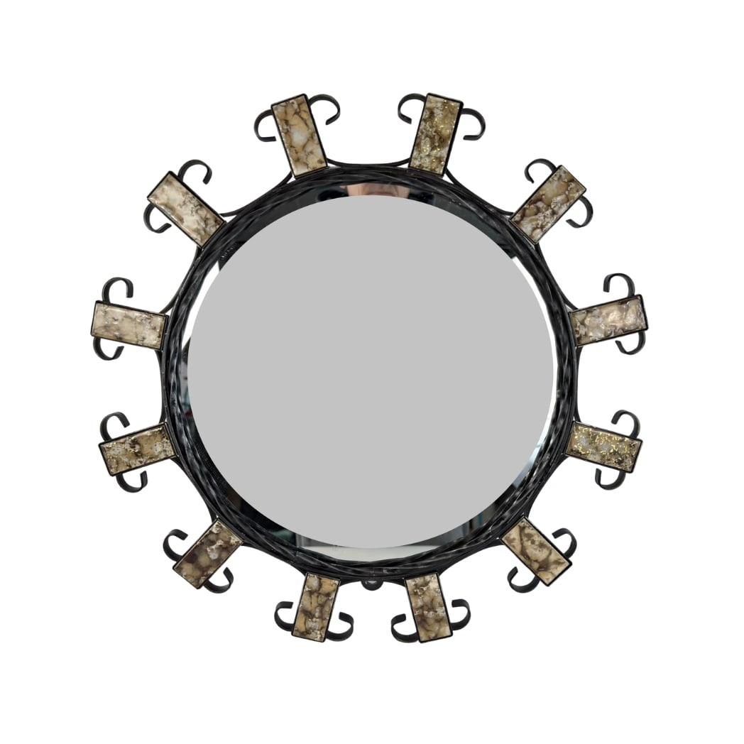 VINTAGE SUN WALL MIRROR: Dimensions: W 17”. Vintage iron and gemstones round Sun wall mirror.