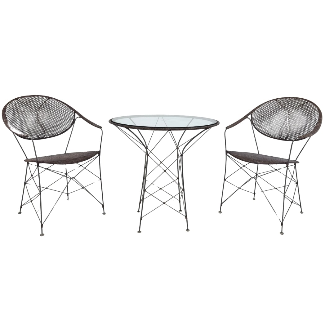 YUZURU YAMAKAWA TABLE AND CHAIRS: Dimensions: H 32.5” x W 22.7” x D 21” x SH 18.5”. Rare set of a pair of Sika Design Funky armchairs with table designed by Yuzuru Yamakawa with steel frame and hand woven