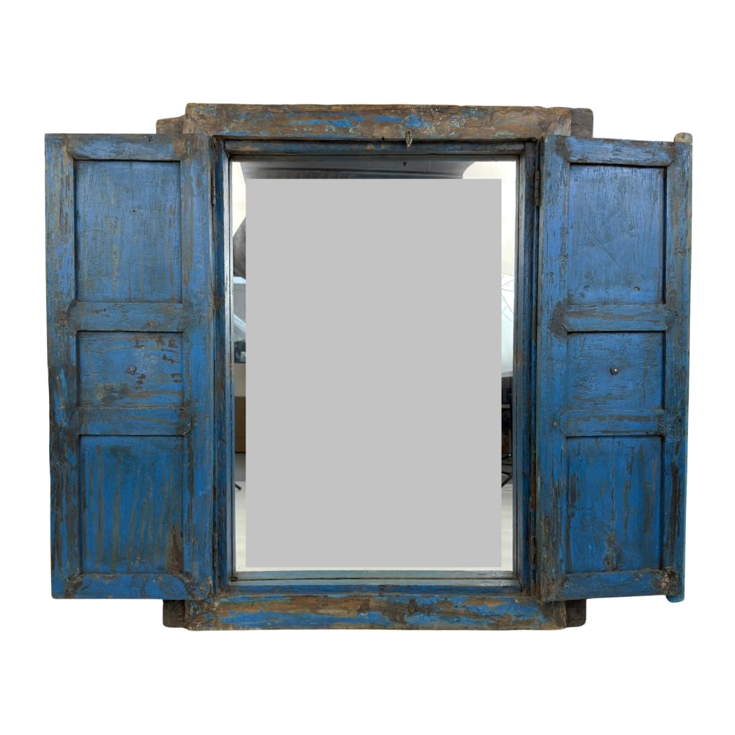 ANTIQUE WINDOW FRAME MIRROR: Dimensions: H 39.7” x W 33.3”. Antique Rustic window frame mirror, carved wood painted in blue color. Dimensions: W (opened) 49".
