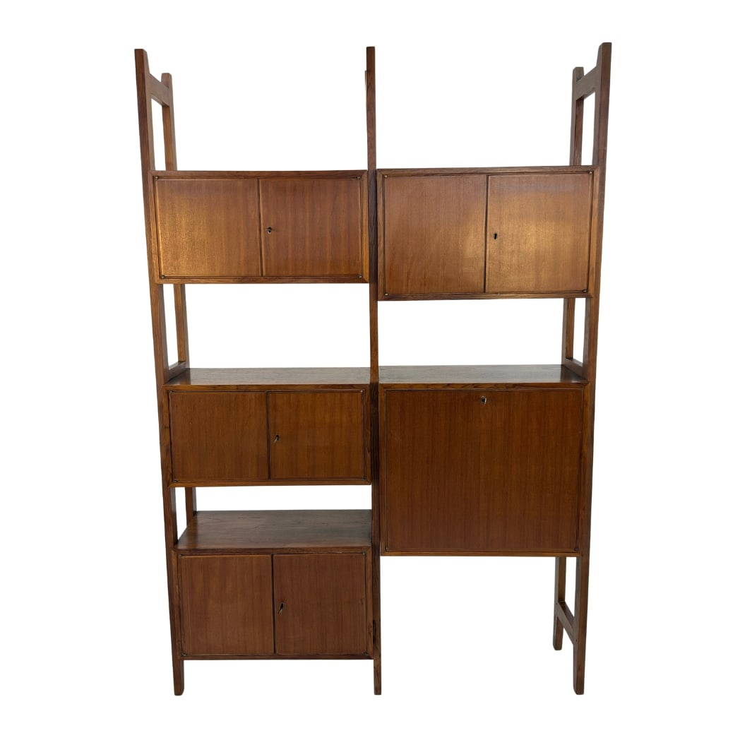SCANDINAVIAN SHELVING UNIT MANNER OF POUL CADOVIUS: Dimensions: H 82.5” x W 55.3” x D 13.7”. Scandinavian freestanding shelving unit manner of Poul Cadovius with 5 cupboards, four of them with shelf inside.