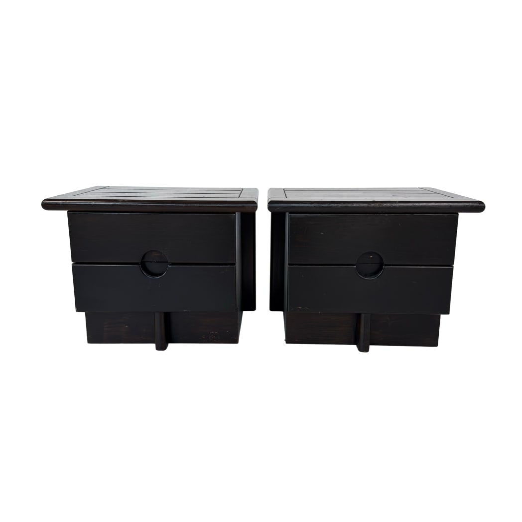 BRUTALIST BEDSIDE TABLES, A PAIR: Dimensions: H 18” x W 22.5” x D 17”. Pair of Vintage Italian brutalist black painted bedside tables, each one with two drawers.