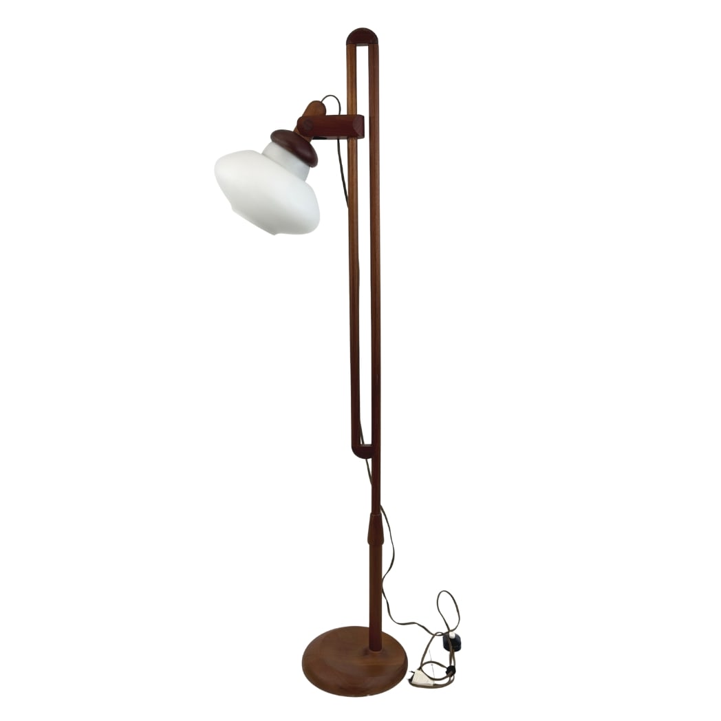 ATTR. DOMUS DANISH FLOOR LAMP: Dimensions: H 59” x W 10.5”. Vintage adjustable floor lamp with teak base and white glass shade, attr to Domus