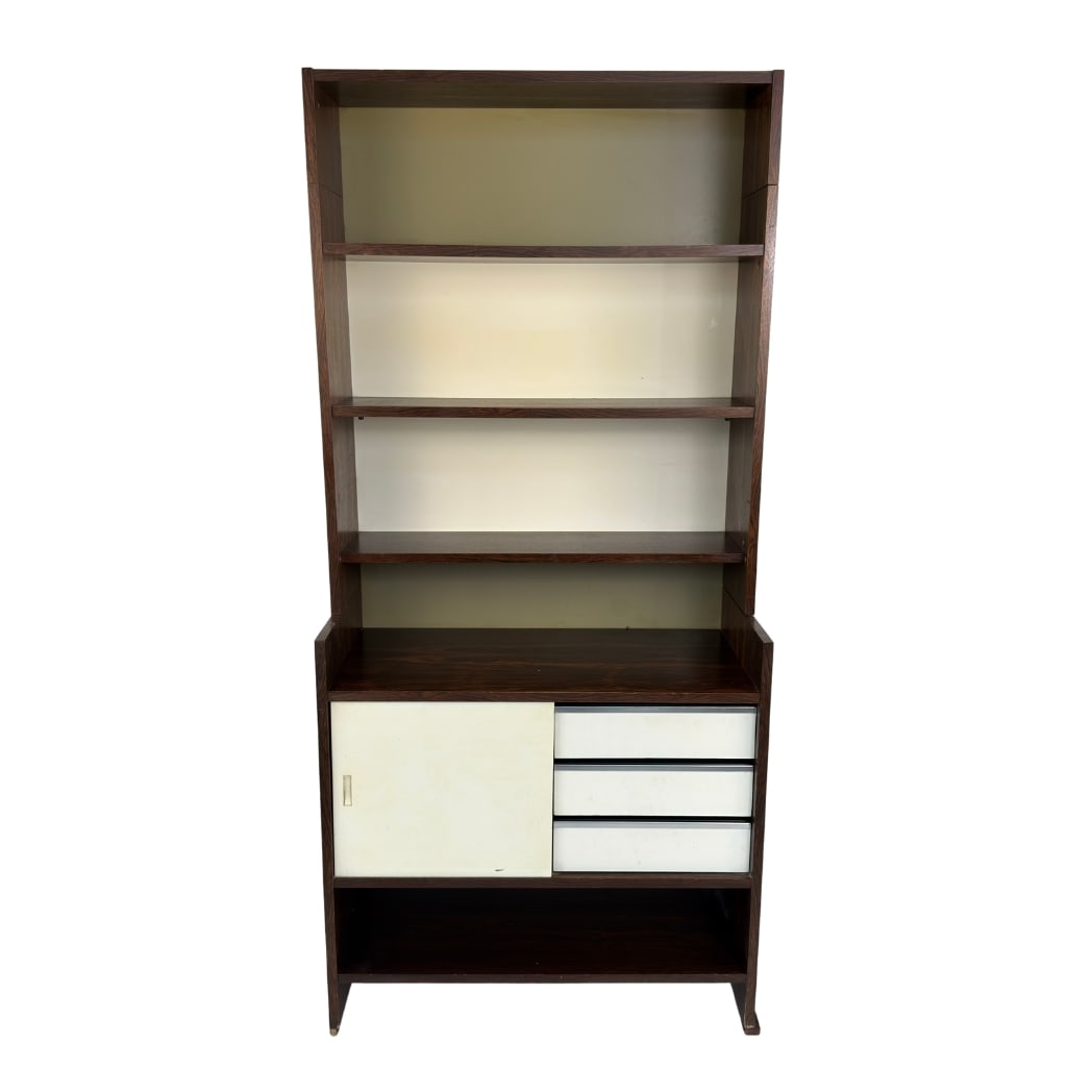 POUL CADOVIUS CABINET, 1960s: Dimensions: H 71.5” x W 33” x D 16”. Vintage cabinet designed by Poul Cadovius for KLM with 3 small drawers and 5 shelves.