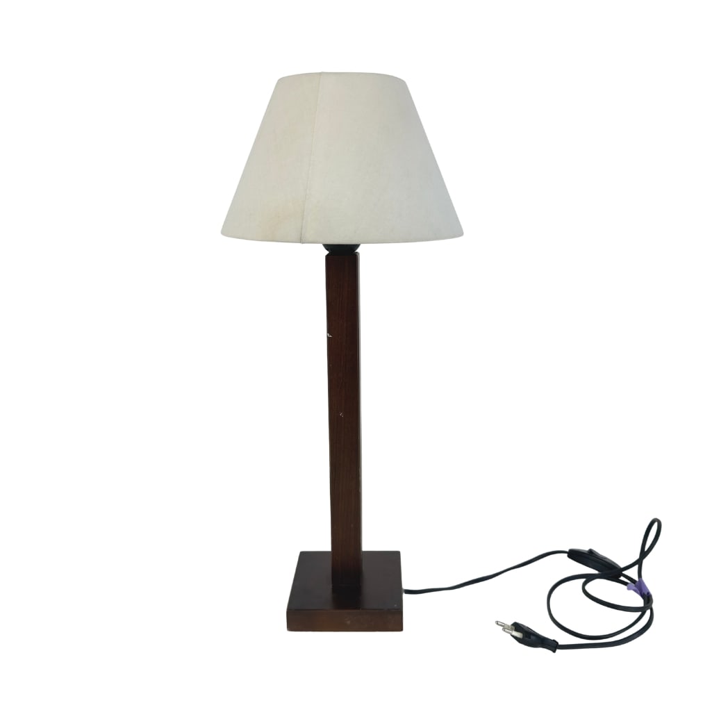 VINTAGE SCANDINAVIAN TABLE LAMP: Dimensions: H 16.5” x W 4.5”. Vintage Scandinavian table lamp with wooden base and white fabric lampshade.