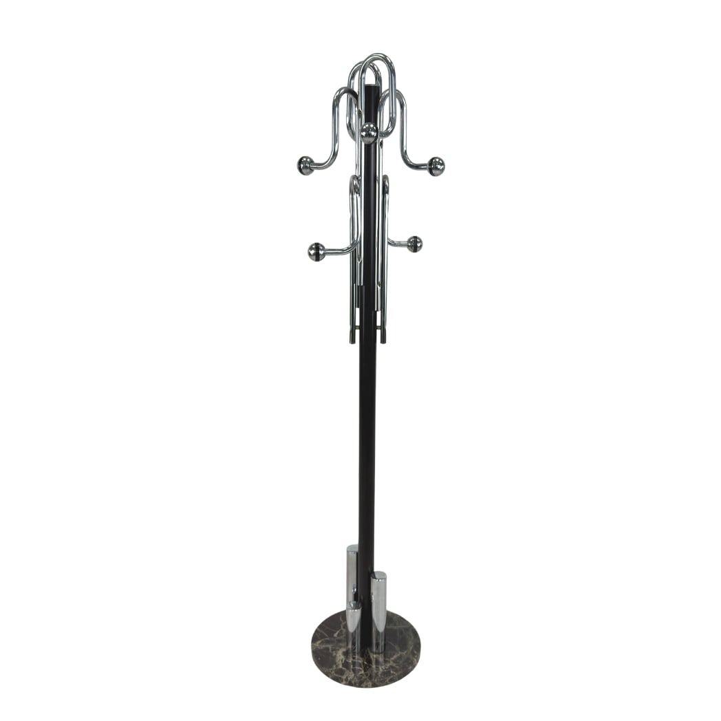 ITALIAN SPACE AGE COAT RACK: Dimensions: H 68” x W 14”. Vintage Italian Space Age chrome-plated coat rack with marble base.