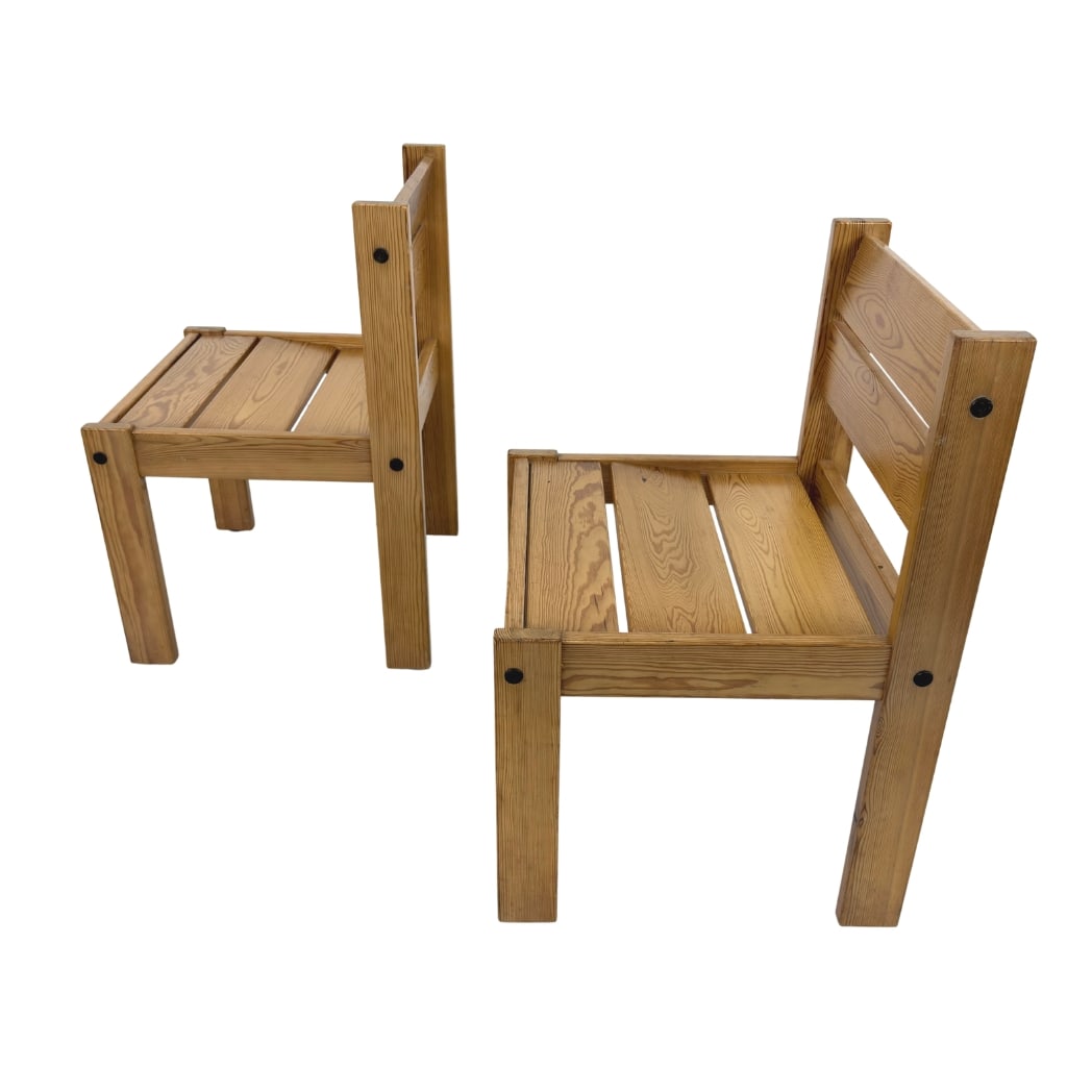 SWEDISH PINE DINING CHAIRS, A PAIR: Dimensions: H 30” x W 19.5” x SD 17” x SH 16.5”. Pair of Vintage Swedish pine dining chairs from the 1970s.