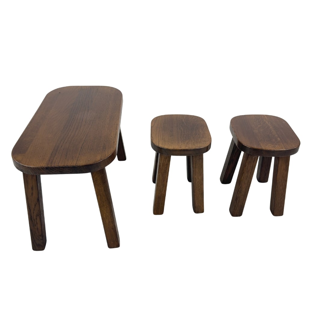 (3) BRUTALIST OAK NESTING TABLES: Dimensions: H 15.5” x W 25” x D 13”. Set of 3 Dutch Brutalist oak nesting tables. Dimensions: H 13.7” x W 11”.