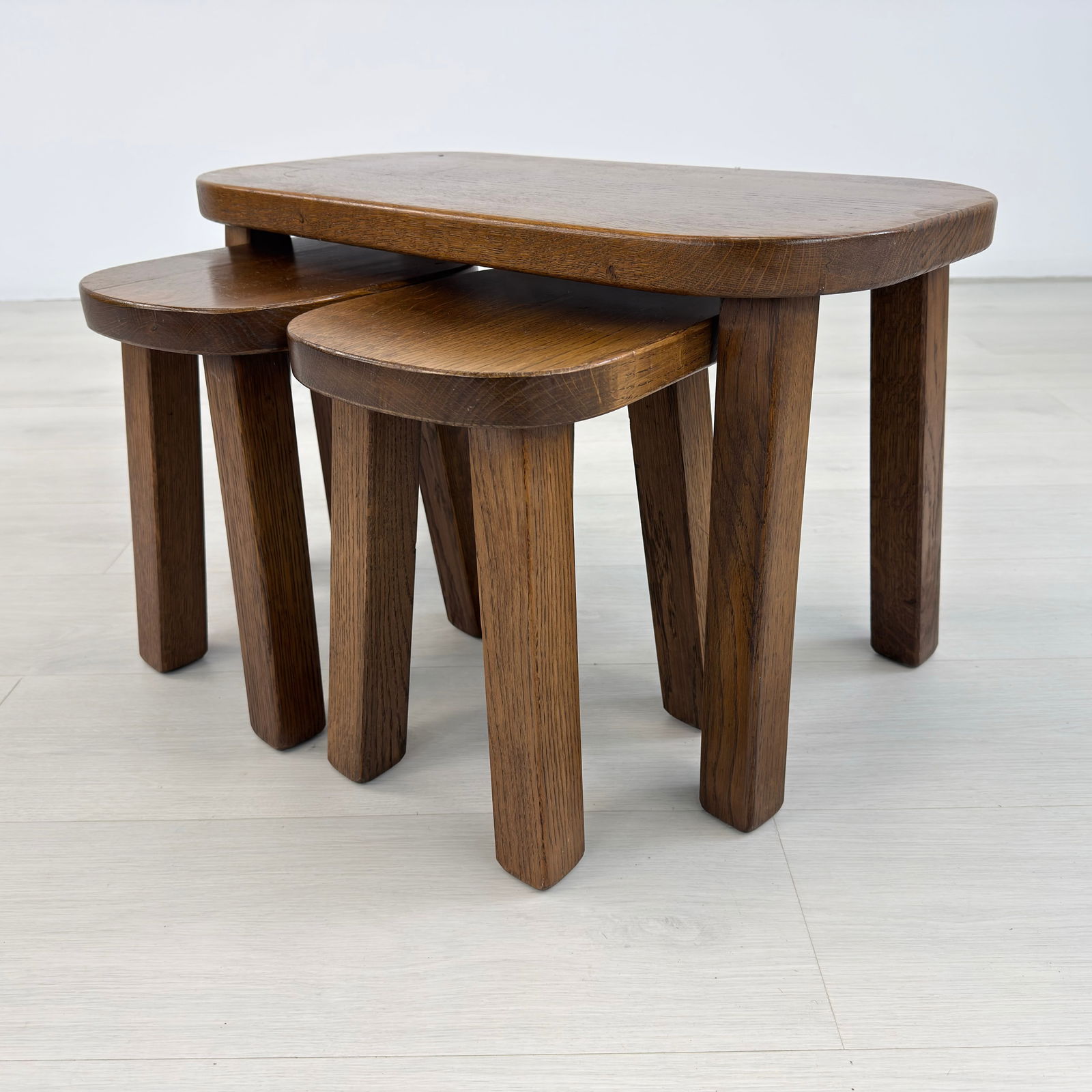 (3) BRUTALIST OAK NESTING TABLES - 3