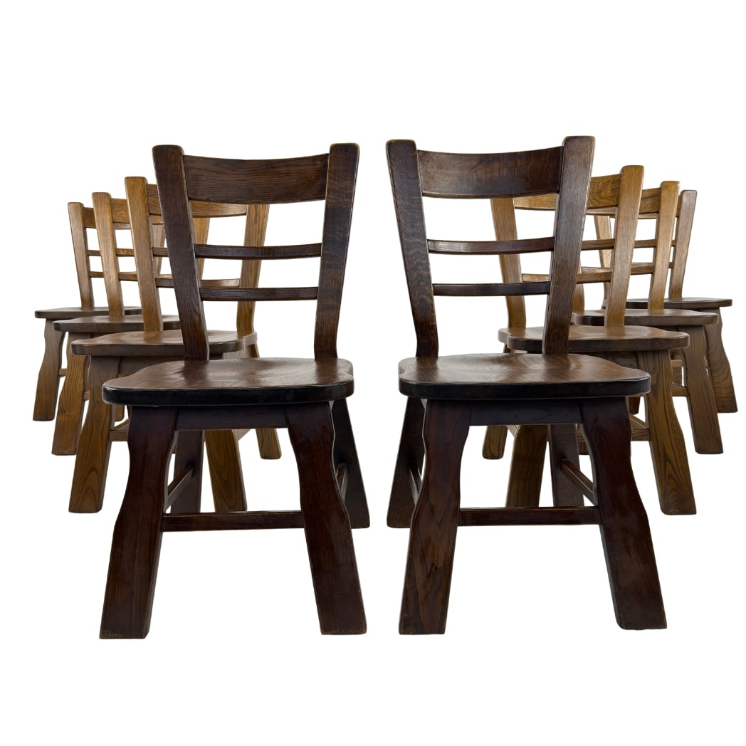 (8) BELGIAN BRUTALIST DINING CHAIRS: Dimensions: H 34.5” x W 17” x D 21” x SH 17.5”. Set of 8 Vintage Belgian Brutalist ladder back oak dining chairs. Six of the chairs are with original red fabric cushions, two