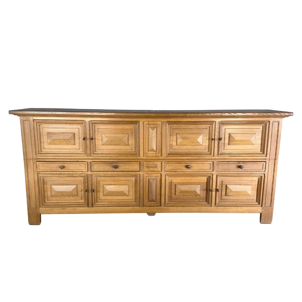 BRUTALIST DUTCH SIDEBOARD: Dimensions: H 55” x W 125” x D 23.5”. Vintage Dutch Brutalist carved oak sideboard with 4 small drawers and 4 cupboards with keys.